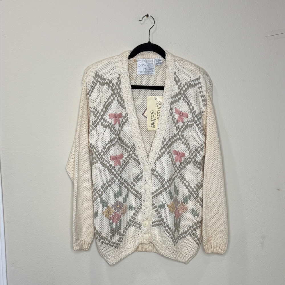 Vintage Allison Brittney Knitted by Hand Cream Floral Cardigan Sweater